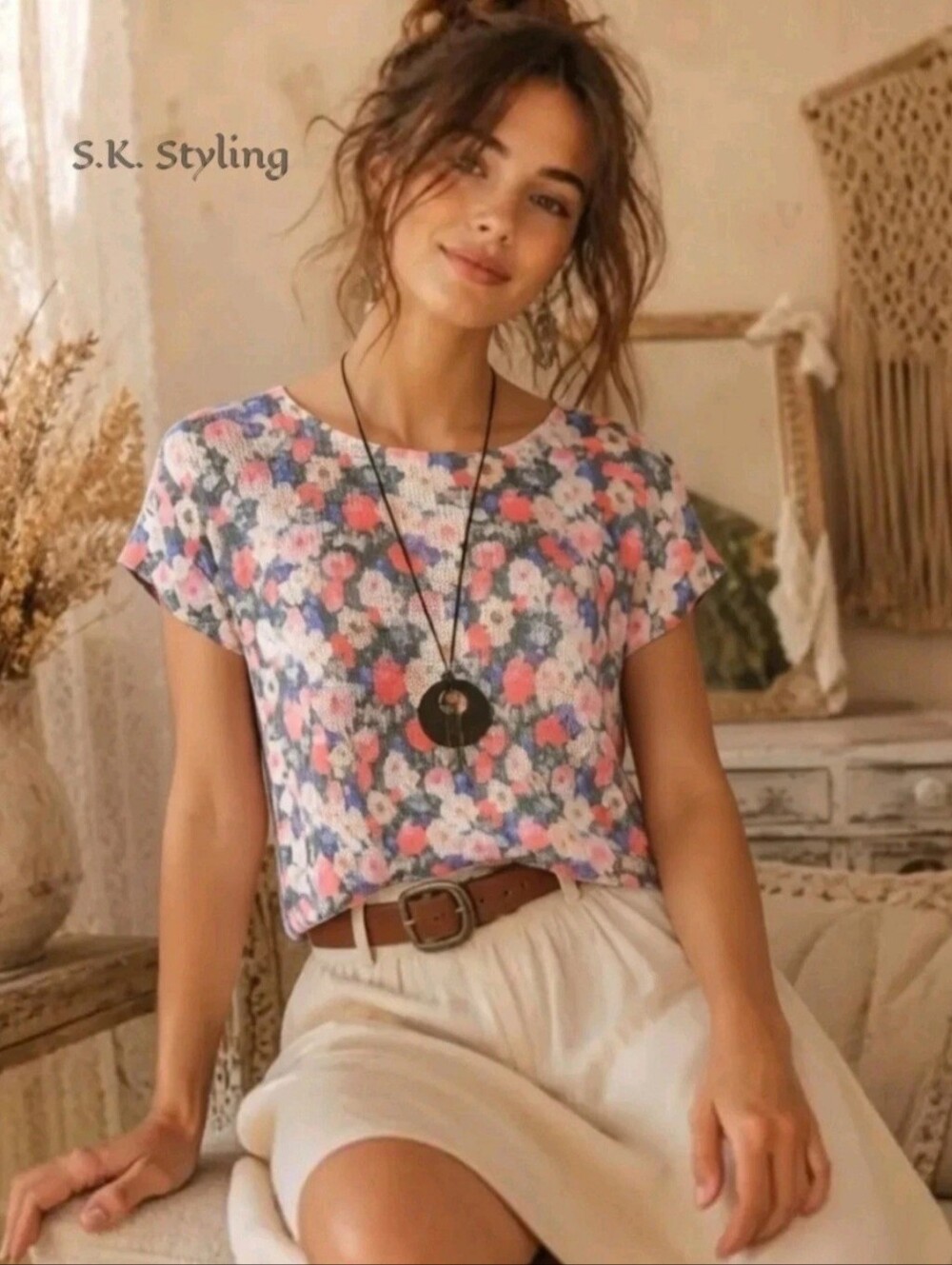 Bongo Cropped Boxy Sweater Knit Top Womens Medium/L Multicolor Floral Cap Sleeve